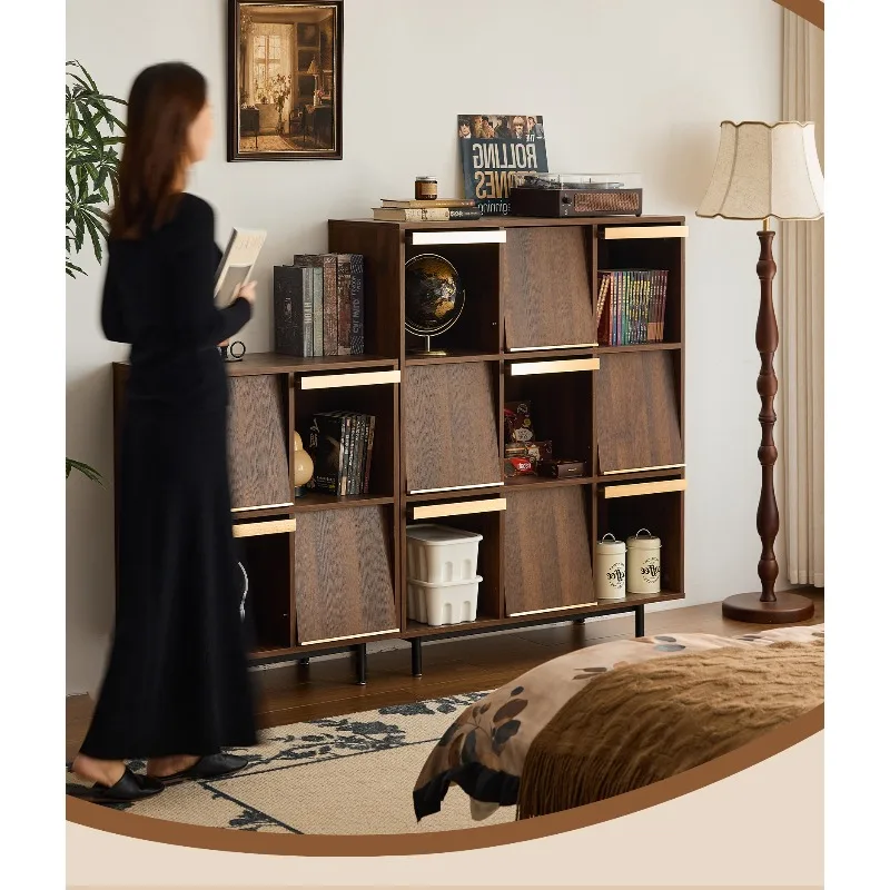 Small four medieval bookcase solid wood locker living room floor retro walnut display cabinet shelf side