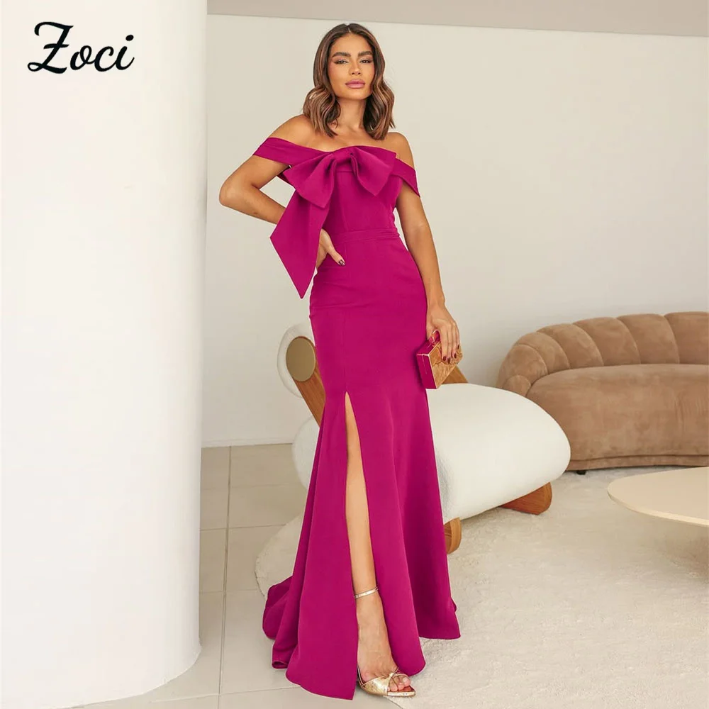 

Zoci Fuchsia Crepe Mermaid Prom Dresses Off Shoulder Bow Side Slit Wedding Party Gown Customized Matte Satin vestidos de festa