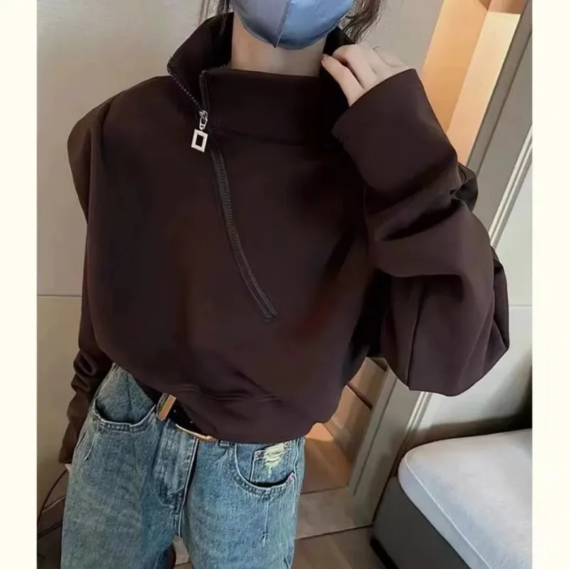 

Новый европейский стиль, женская модная короткая стильная толстовка на молнии с воротником-стойкой, свободные топы с капюшоном