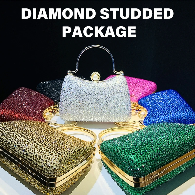 Women Sparkling Rhinestones Evening Bag Bride Elegant Wedding Prom Clutch Party Handbag with Metal Chain Crossbody Shoulder Bag