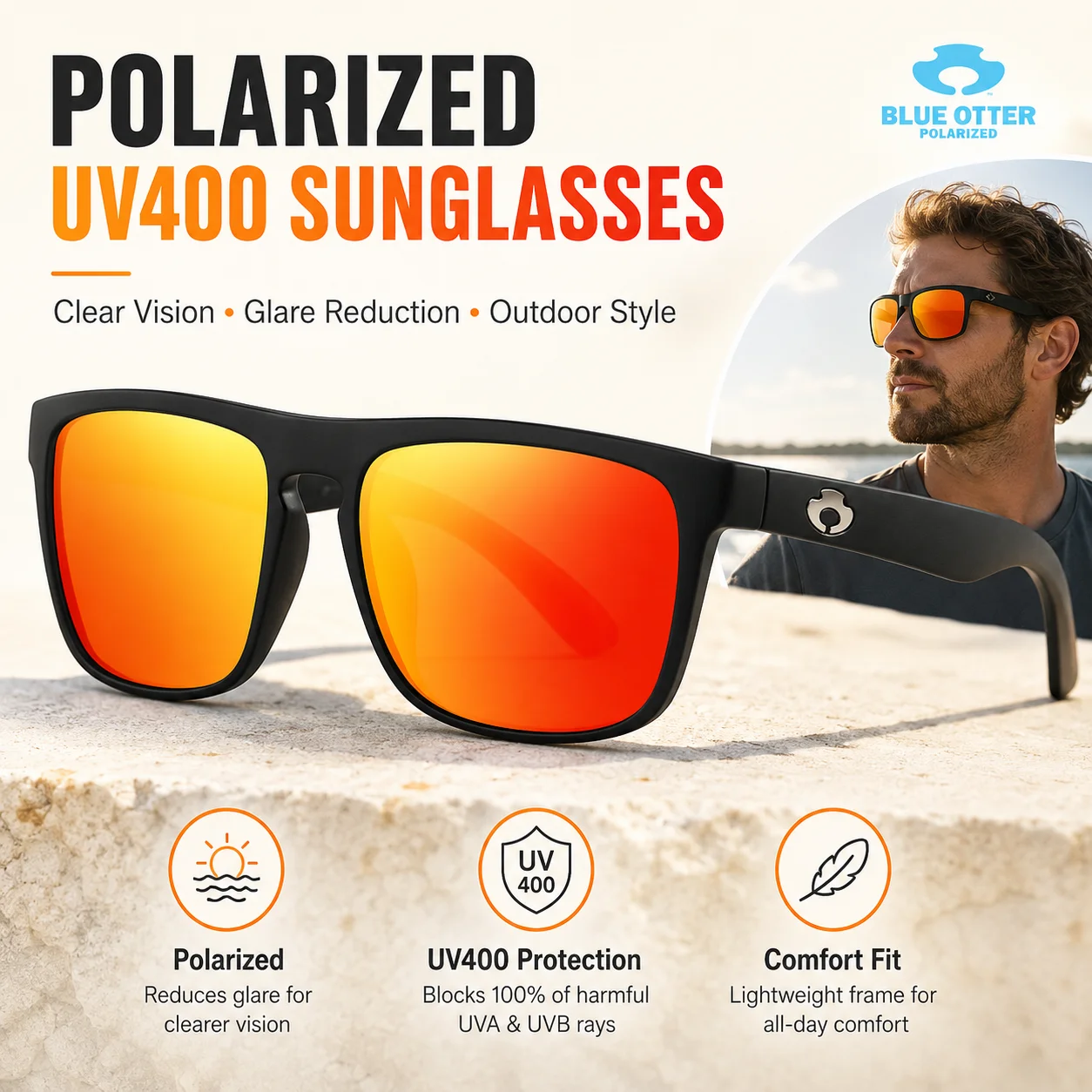 BLUE OTTER Unisex Polarized UV400 Sunglasses HD Lens Anti-400 Eyewear Men Women Daily Driving Travel Sun Shades with Box BT05