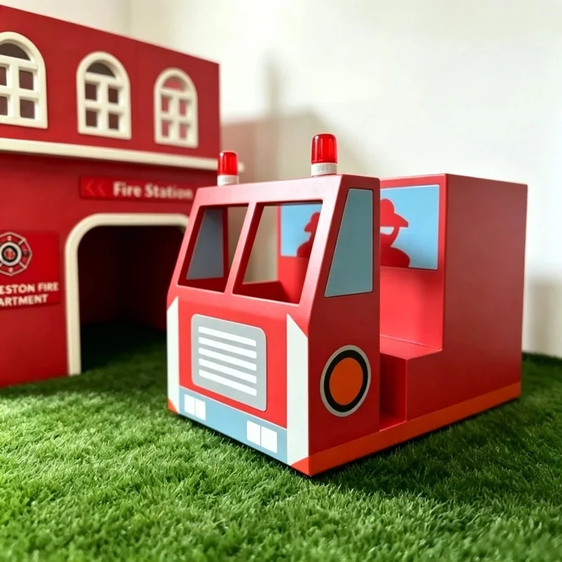 Red Fire Station Fire Truck PlayHouse Kids Pretend Role Play Set Educational Toddler Soft Play Equipment for Indoor Playground