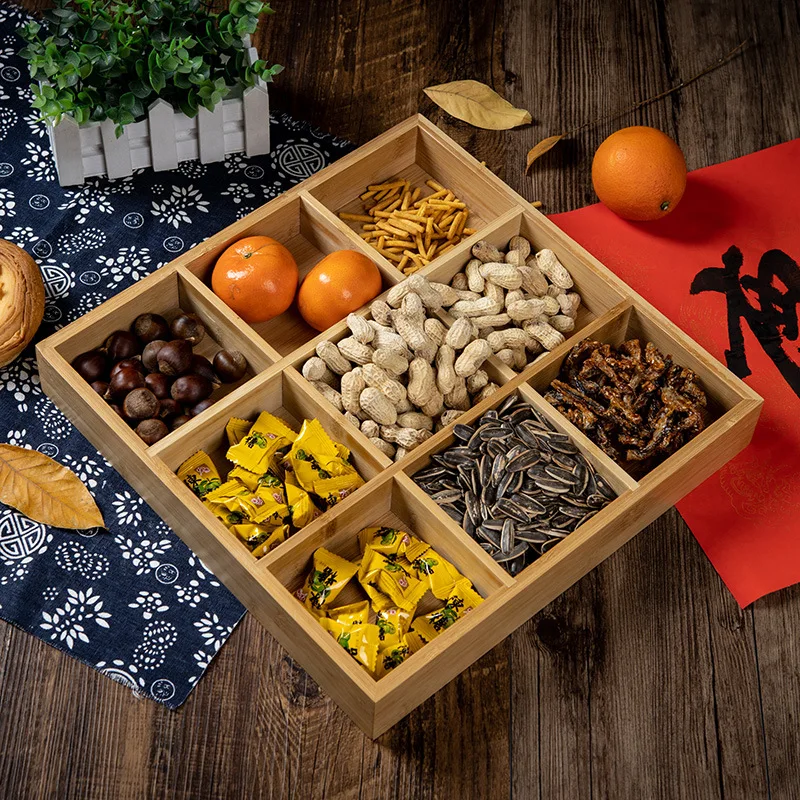 Wooden Dried Fruit Box Bamboo Wooden Divided Serving Tray Snack Plate Dried Fruit Storage Box Candy Plate Tableware for Home