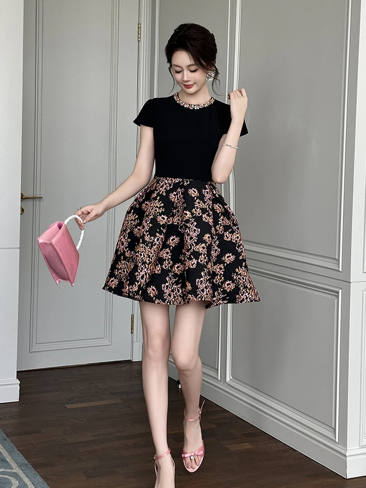 เสื้อผ้าผู้หญิงสีดำแจ็คการ์ด O-คอสลิมเอ-ไลน์มินิชุดสั้นหรูหราแฟชั่นปาร์ตี้พรหมชุดเดรสโอกาสที่เป็นทางการใหม่