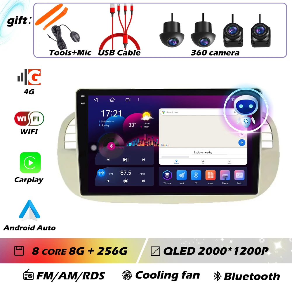 9 ''Android 16 Autoradio Stereo voor Fiat 500 2007-2015 met GPS Navigatie Stuurbediening Multimedia Carplay auto WIFI