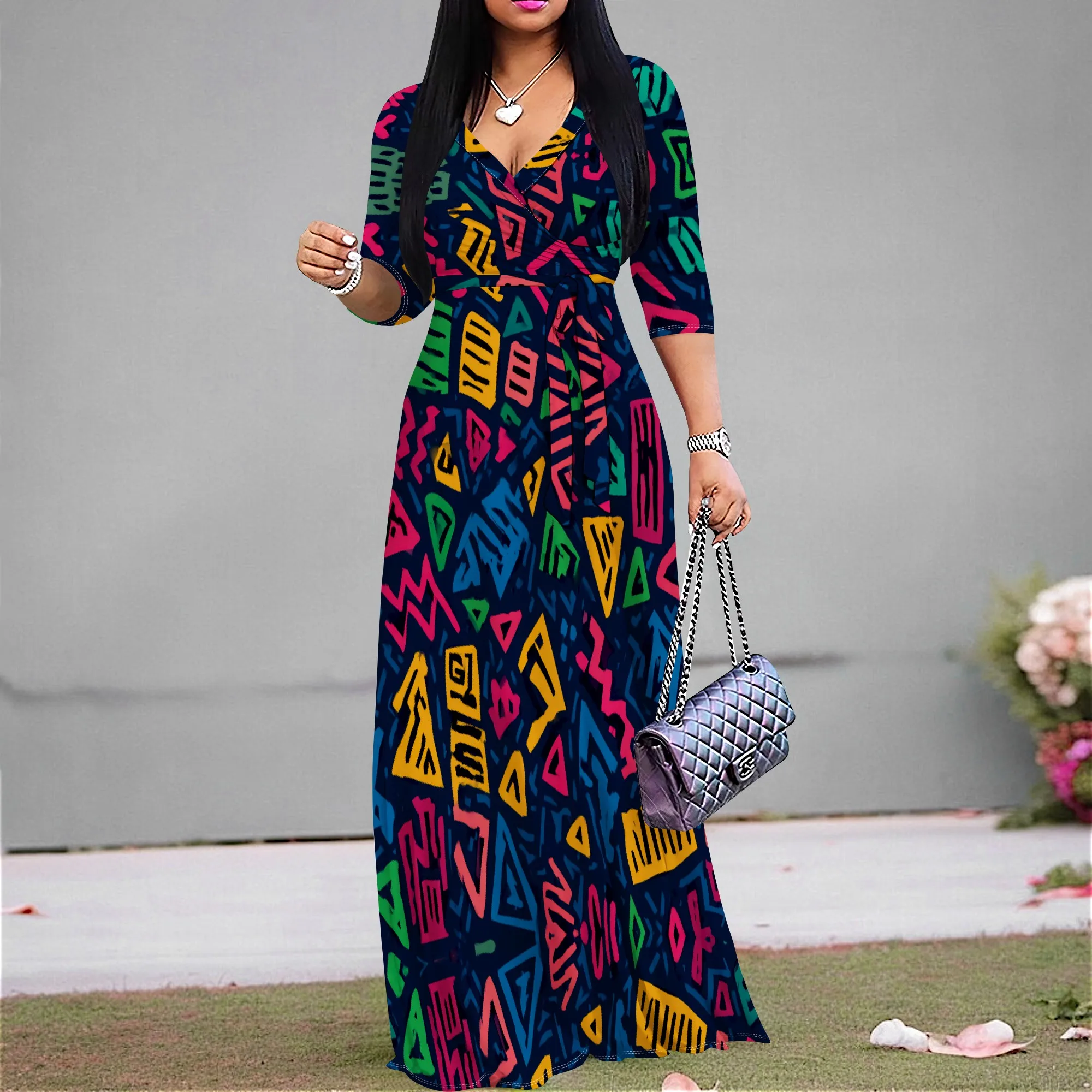 

Bohemian Maxi Dress for Women Summer V-Neck Tribal Print A-Line Flowy Beach Vacation Long Dresses with Belt Plus Size XS-3XL