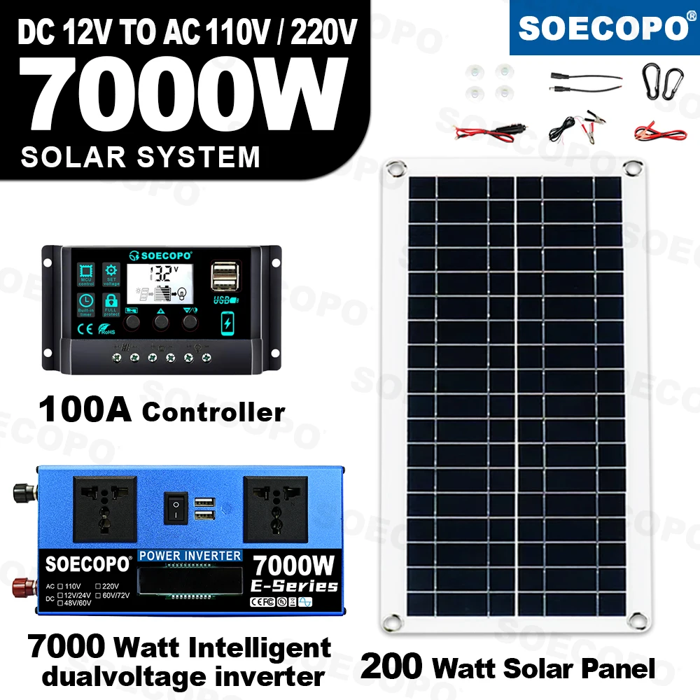 

7000W Home/Camping Backup Solar Power System Complete Kit Dual12V24V To 110V/220V 100A Controller 200W Panel Off-Grid System