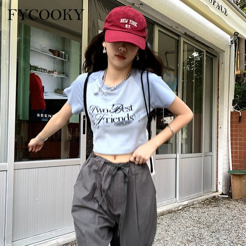 2026 Summer New Women's T-shirt Vintage Patchwork Short-sleeved Slim T-shirt Female Y2k Tops Woman