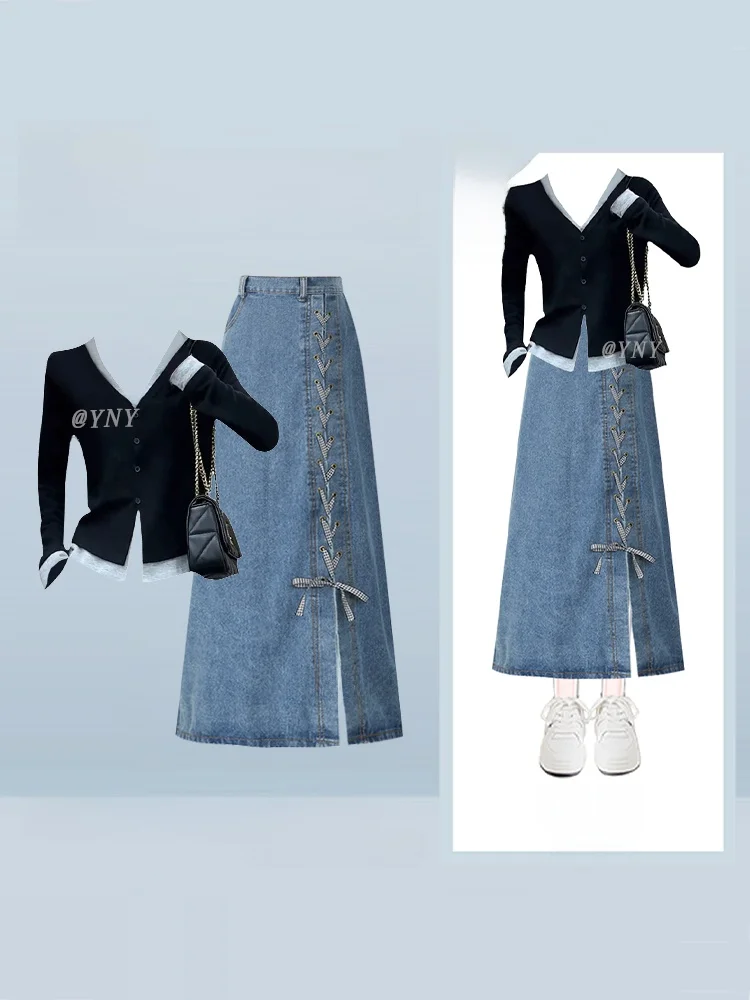 Women's Button-Up Long Sve T-irt And Denim Skirt Set Slim Fit V-Ne Faionable Korean Sle Autumn Outfit Two-Piece Suit