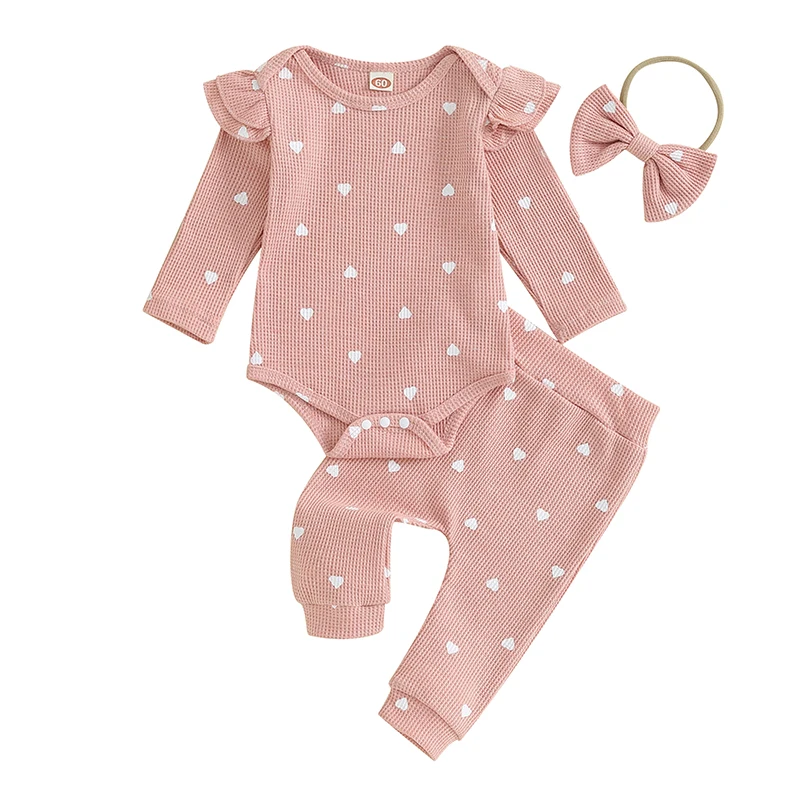 Infant Baby Girl Waffle Knit Pants Set Heart Long Sleeve Romper Pants Headband Suit 3 Piece Outfits Fall Clothes