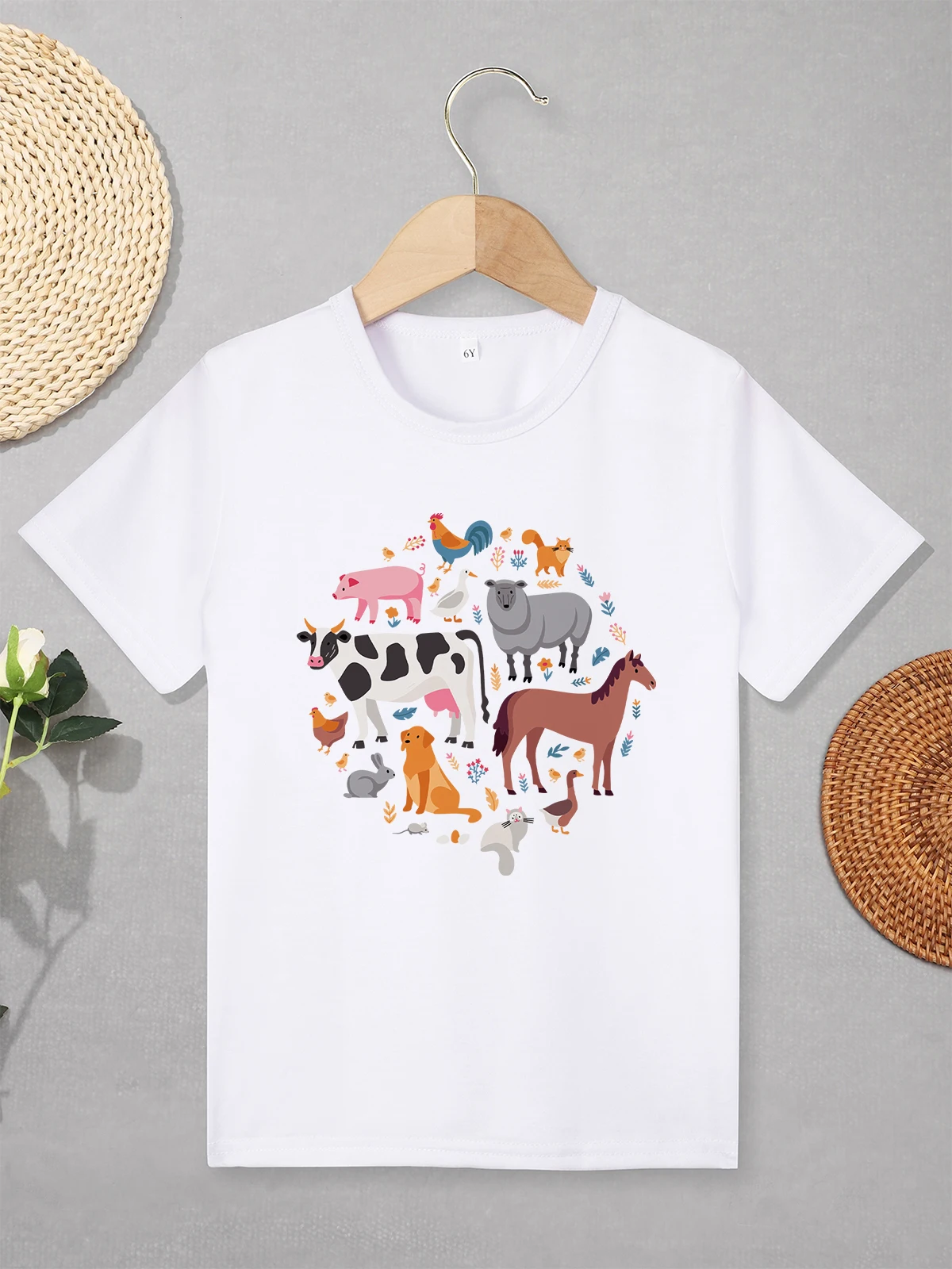 Cartoon Animal Print Aesthetic Clothes for Children Round Neck White Tops Summer Casual Versatile Cute Toddler Boy and Girl Tees