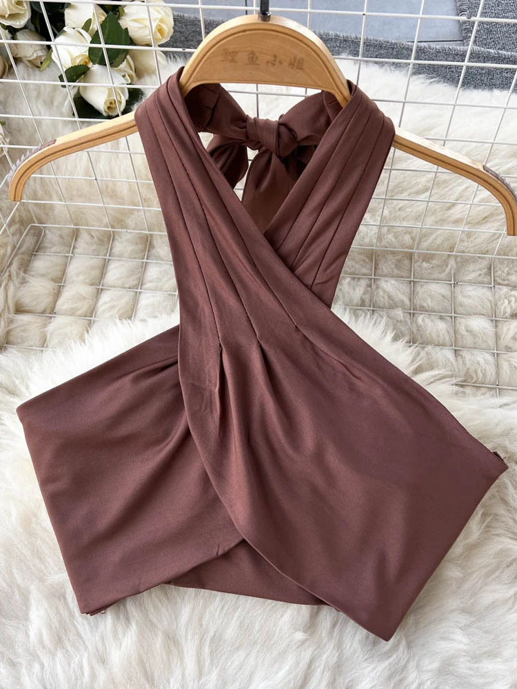 Summer Sexy Beach Two Piece Set Women Cross Necked Crop Top Split Mid Length Wrap Skirt Boho Brown Suits