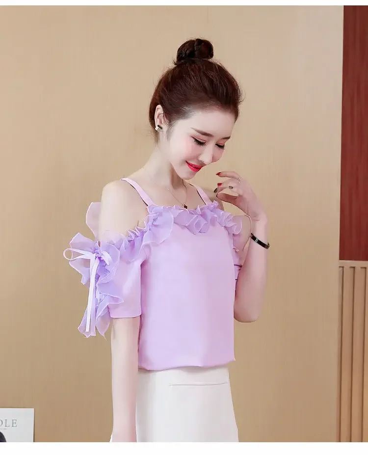 Fashion Off Shoulder Ruffles Lace Up Bow Hollow Out Blouse Women's Clothing Summer New Casual Pullovers Sweet Chiffon Shirt X808