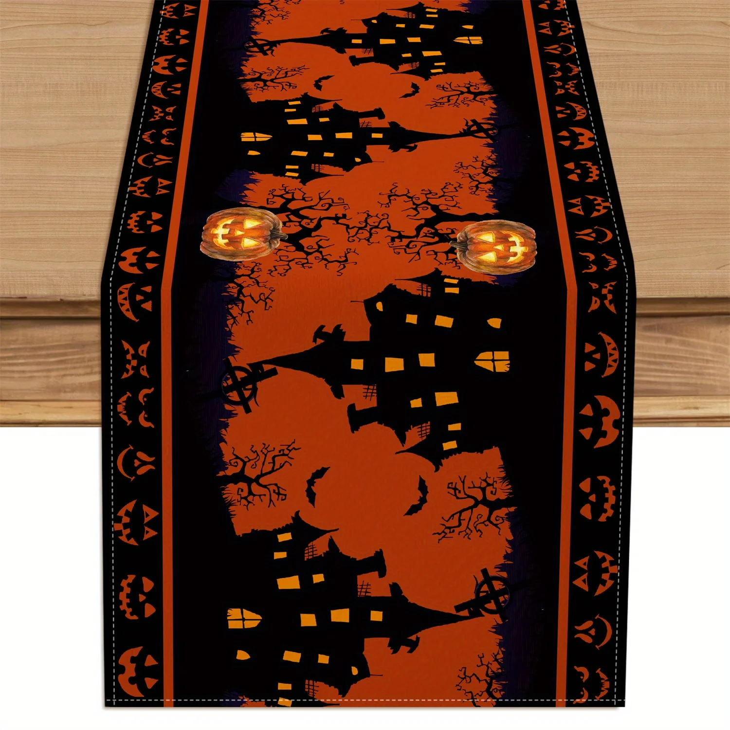 1pc Halloween Haunted House & Pumpkin Lanterns Table Runner - Spooky Black, Orange & Yellow Design with Bats, Ghosts & Haunted
