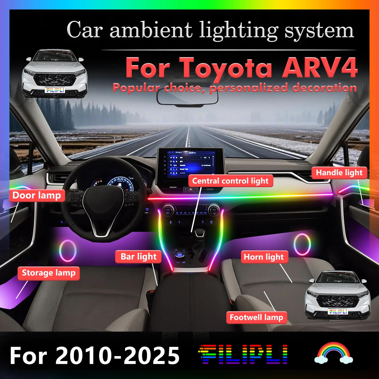 

For Toyota ARV4 Car Interior Mood Lighting RGB 64 Colors LED Acrylic Strip Smart Remote Control Kit