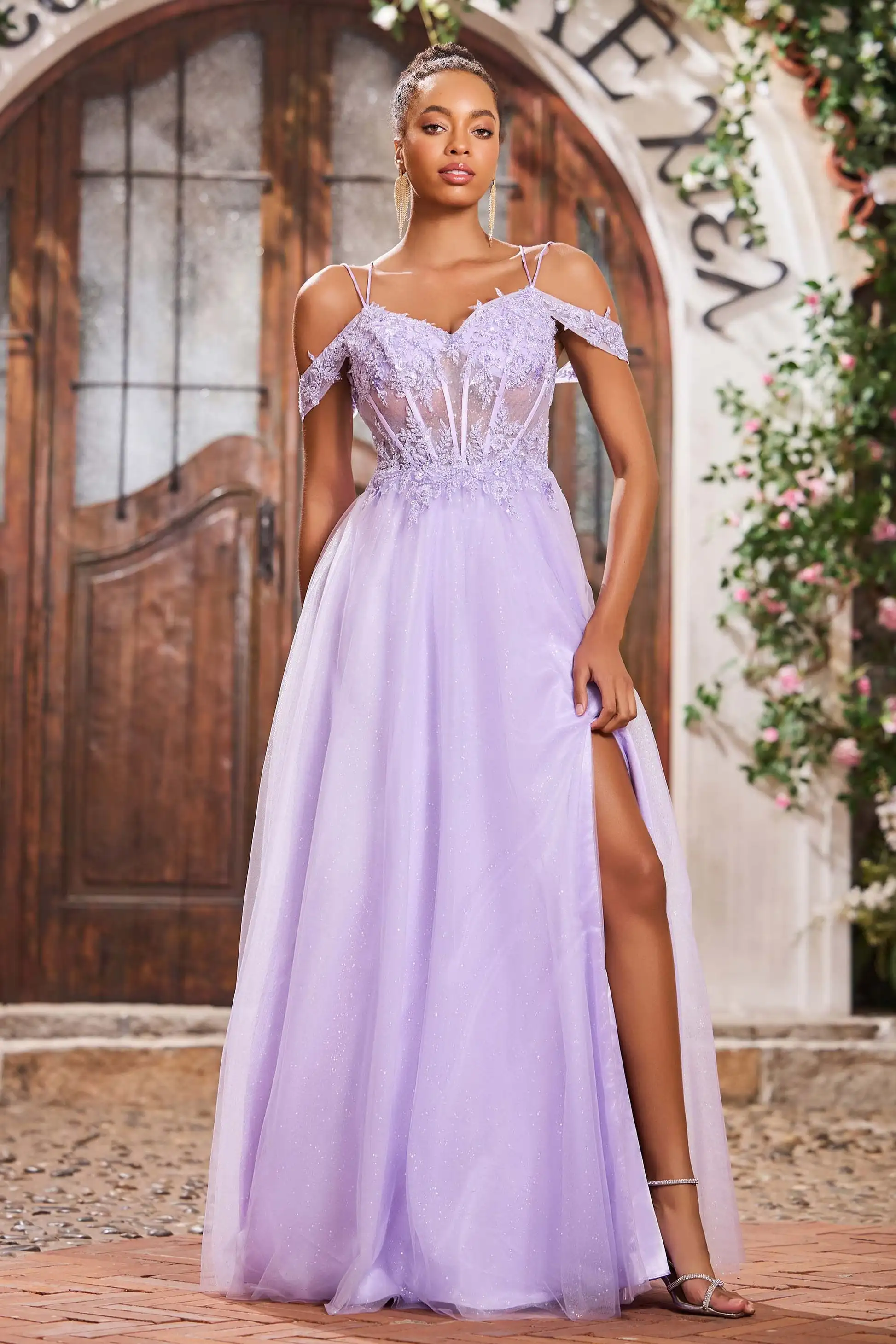 Abiti da ballo fata in tulle lilla senza spalline al largo della spalla A-line appliques corsetto in pizzo abiti para mujer abiti eleganti
