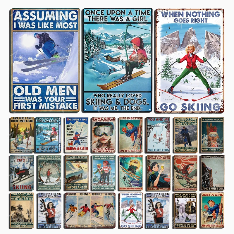 Skiing Sign Vintage Metal Print Tin Sign Poster Snow Mountain Ski Landscape Pub Bar Sign Man Cave Decor Metal Tin Sign Plaques