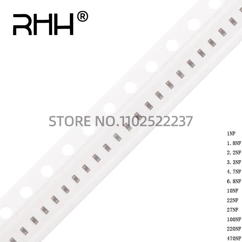 Capacitor cerâmico da microplaqueta de SMD, 0402, 100NF, 10NF, 1NF, 22NF, 3.3NF, 27NF, 680NF, 4.7NF, 220NF, 1.8NF, 470NF, 220PF, 6.8NF, 2.2NF, 10%, 50V, 100 PCes