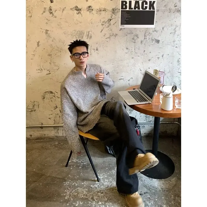 أزياء الخريف/الشتاء بالإضافة إلى حجم البلوز الخامس الرقبة طويلة الأكمام البلوز فضفاضة محبوك سترة الرجال #2