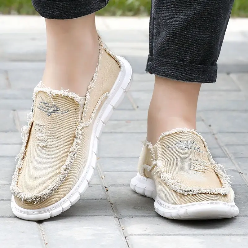 New Slip On Distressed Sneakers Men's Ultra Light Soft Canvas Shoes Male Breathable Espadrilles Man Casual Frayed Hem Loafers