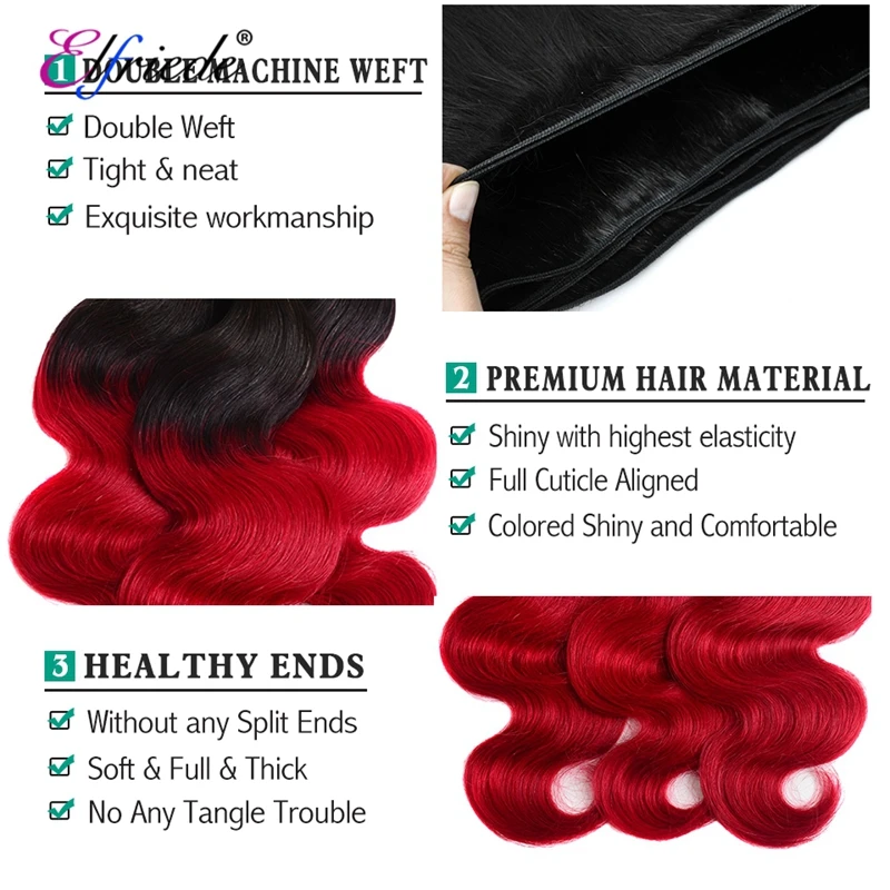 Elfriede Ombre # 1B/rojo 3 mechones con cierre cuerpo ondulado 100% extensiones de cabello humano brasileño con cierre de encaje transparente 4X4