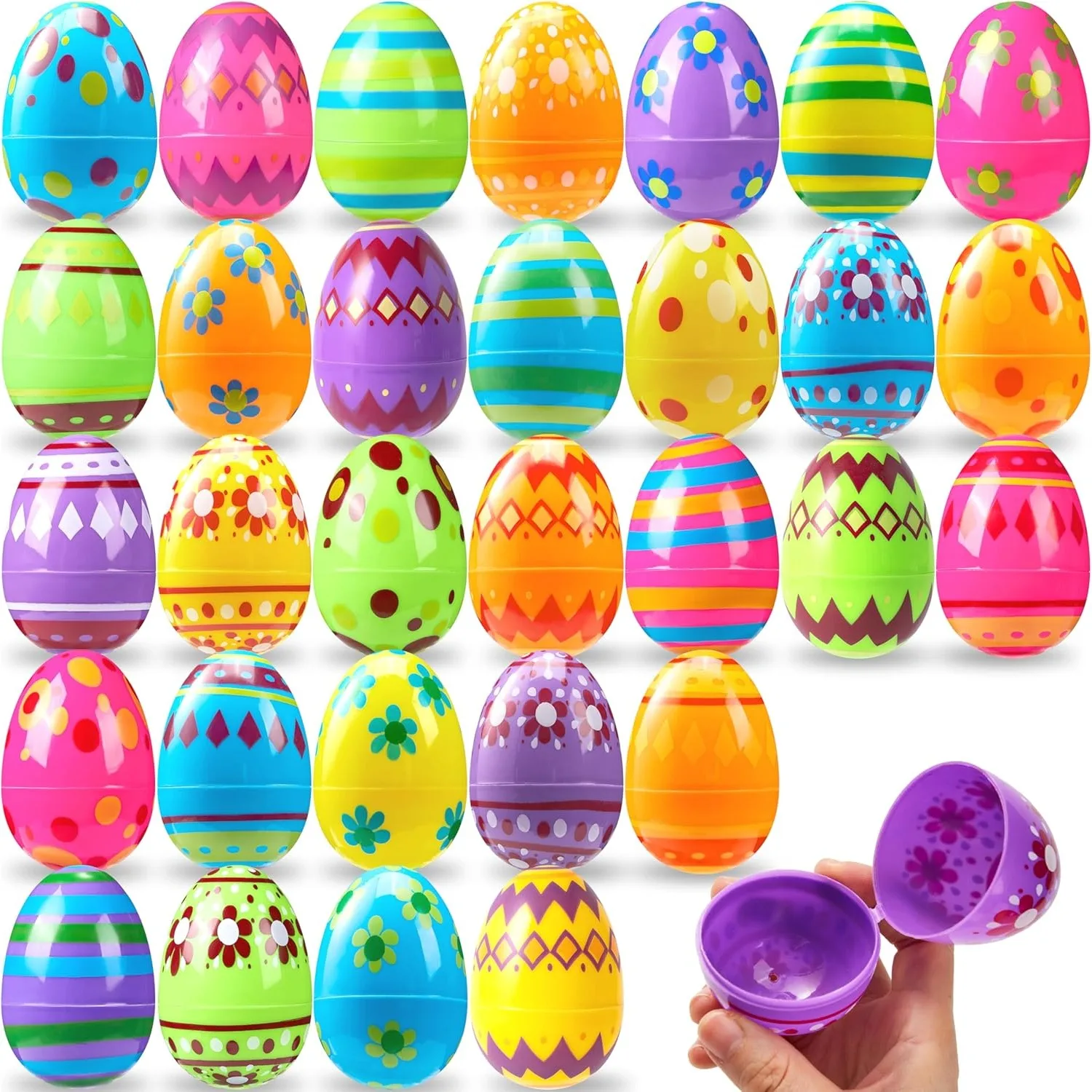JOYFY 30 Pack 3.15 Inch Printed Plastic Eggs Colourful Plastic Easter Eggs Fillable Empty Egg Quantities for Easter Egg Hunt