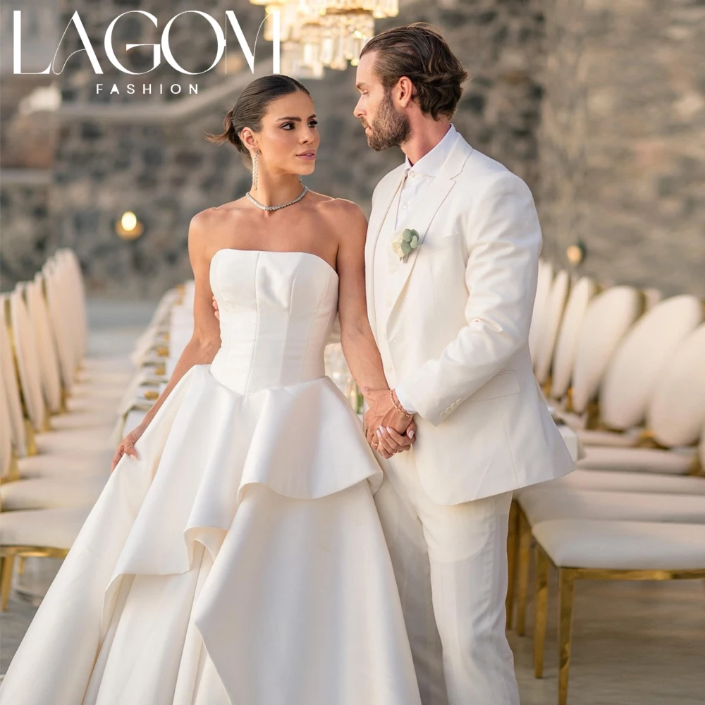 Lagom White Strapless Wedding Dresses Satin Corset Asymmetrical Layered Ruffle A‑Line Floor‑Length Vestido de novia Customized