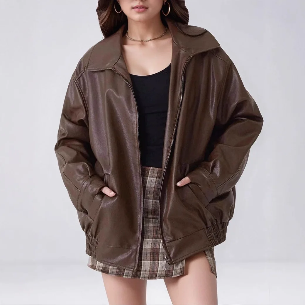 

Vintage Brown Motorcycle Leather Jacket Women's Autumn New Style Korean Version Top Wholesale Artificial Leather Coat Loose Fit