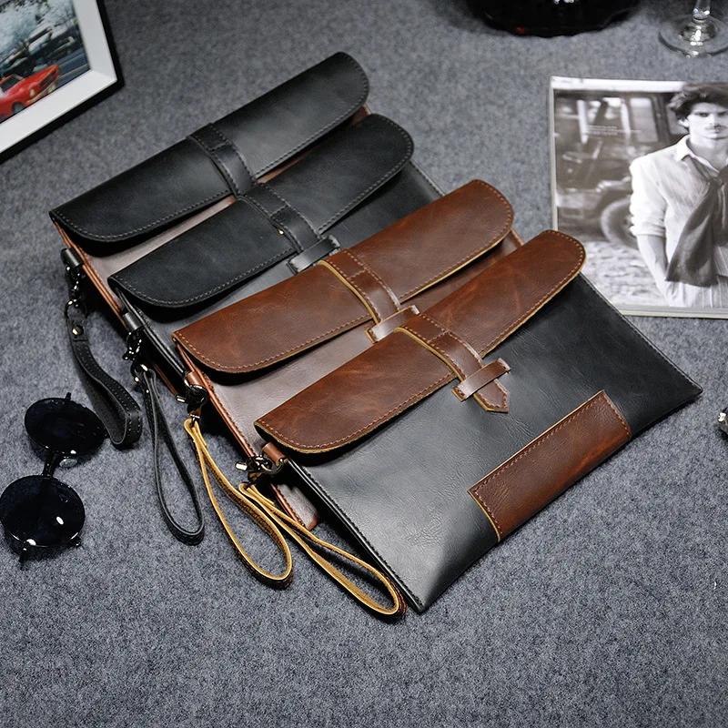 

GPR 100% Crazy Horse PU Leather Men Cluth Bag Retro Phone Pouch Retro Envelope Bags