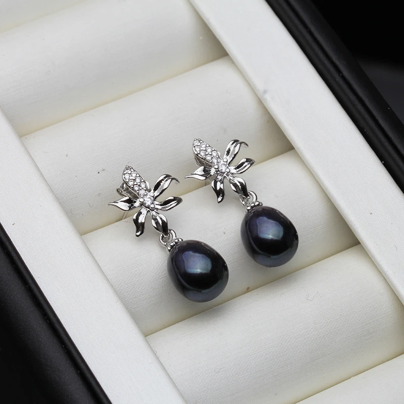 Black Natural Freshwater Dangle Pearl Earrings For Women,Trendy 925 Sterling Silver Earrings Daugther Gift