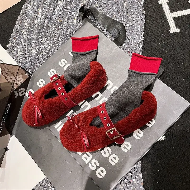 2025New Otoño-Invierno zapatos planos de moda para mujer punta redonda adorno de lazo zapatos casuales de mujer Color sólido hebilla Correa bailarinas