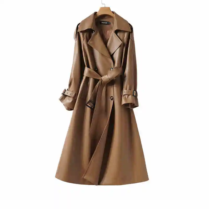 Trench coat de couro genuíno outono inverno feminino duplo breasted pele carneiro comprimento médio casaco com cinto senhoras casaco outerwear