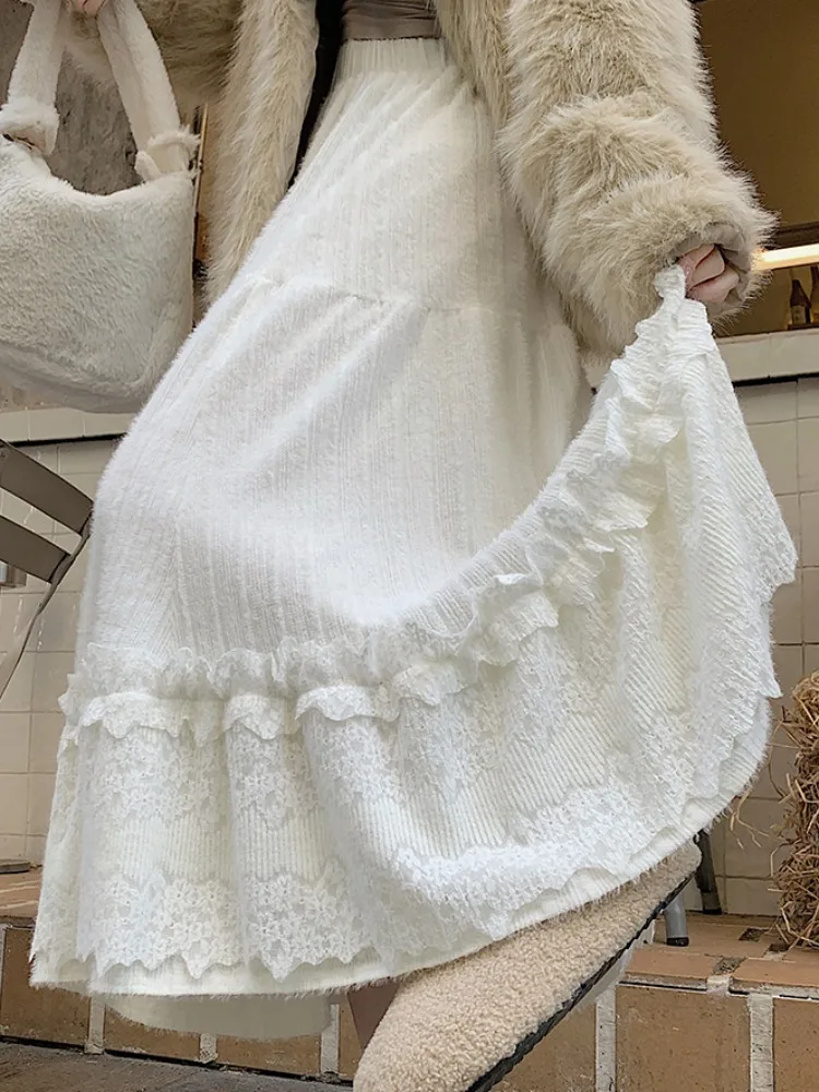 

White Lace Knitted f Skirt Women's Autumn Winter Casual A-Line Long Skirt High Waist Polyester Fiber Ci Walk Sle
