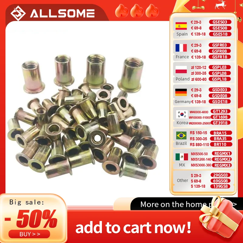 ALLSOME 300pcs M3 M4 M5 M6 M8 M10 Head Rivet Nuts Set Nuts Insert Reveting Multi Size Rivet Nuts Collocation with BOX HT2599