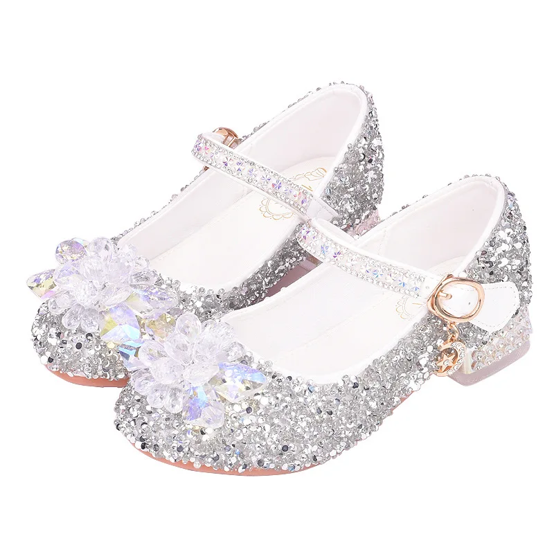 High heeled glass rhinestone princess crystal shoes for performance girls, new school sandals for girls
