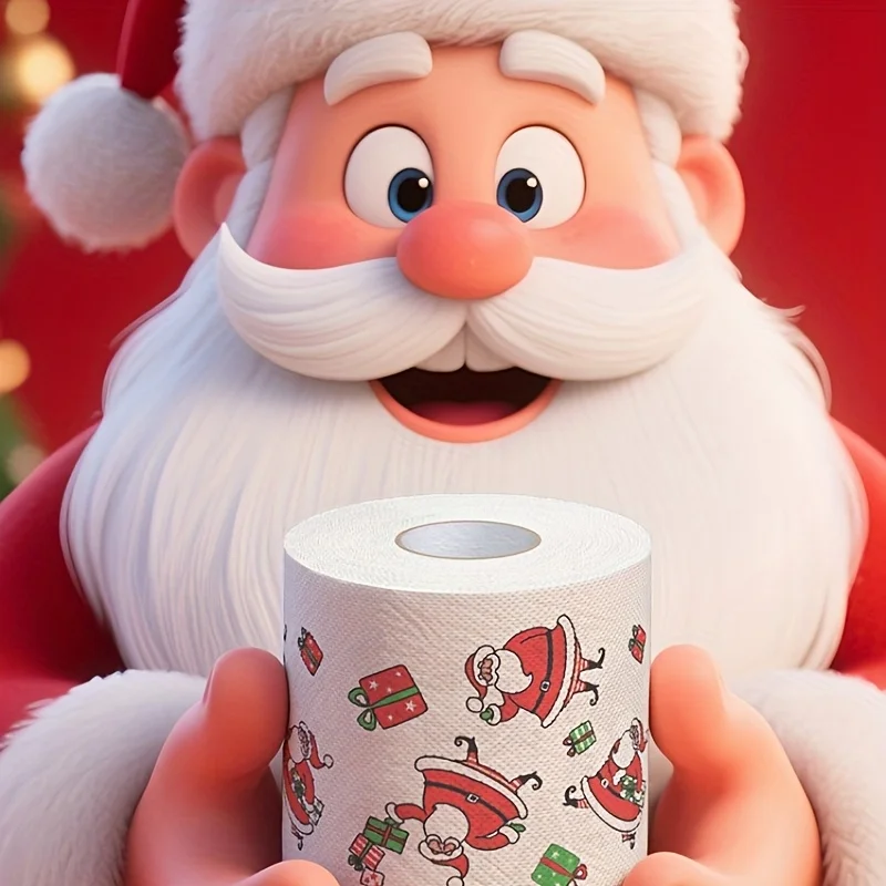 Papel higiénico navideño de 4 Uds., diseño navideño de Papá Noel con renos, copos de nieve y bastones de caramelo, rollo Jumbo de núcleo de madera para el hogar