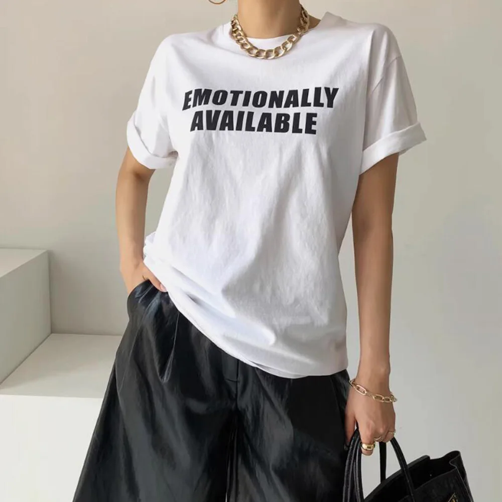 EMOTIONALLY AVAILABLE Letters Printing Summer Kpop T Shirts Women White Short Sleeve Loose Cotton Tops Casual Chic Tees