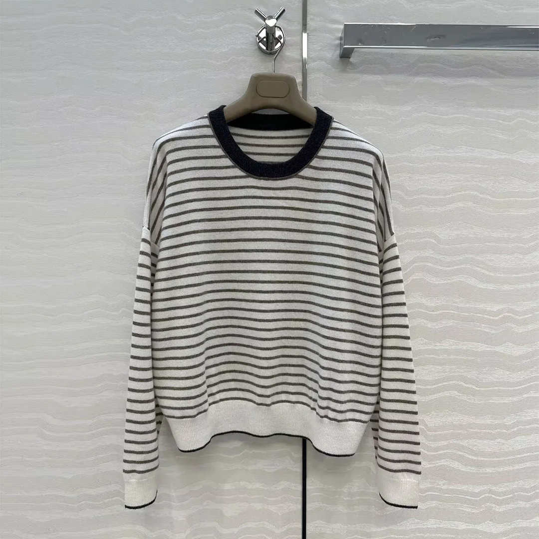 2025 Nuovo Autunno Vecchio Stile di Soldi 100% Cashmere Lavorato A Maglia Pullover Delle Donne O-Collo Manica Lunga Strisce Modello Allentato Maglione Casuale