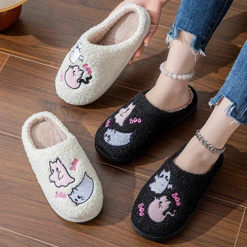 Halloween Ghost Slippers Women Winter Cotton Slipper Home Flat Indoor Shoes Non-slip Thickened Couples Slippers Halloween Gifts