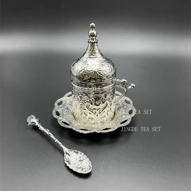 Vintage Silver Plated Turkish Coffee Cup Set Floral Embossed Tea Set With Lidded Cups Sugar Bowl And Rectangular Serving Tray