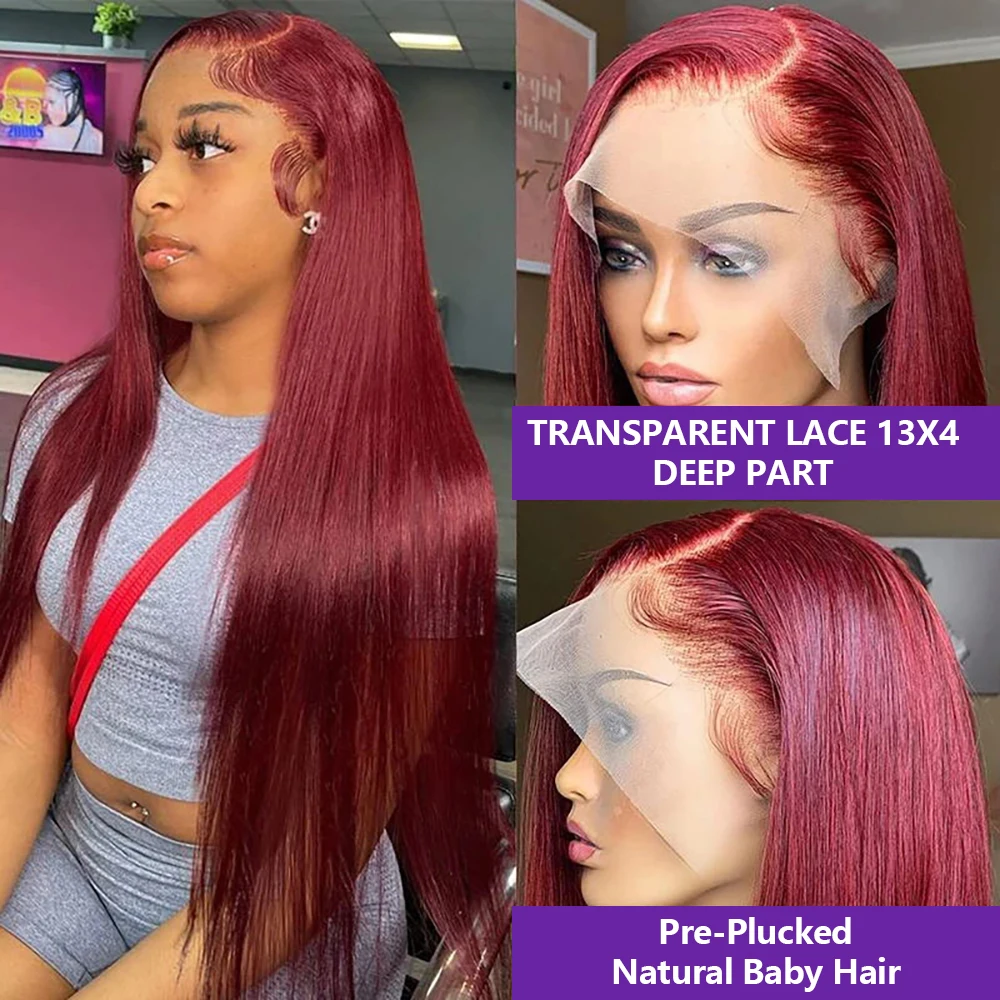 36 Inch Burgundy Lace Front Wig 13x4 HD Straight Human Hair Wigs For Women 200 Density 99J Red Colored 13x6 Lace Frontal Wigs