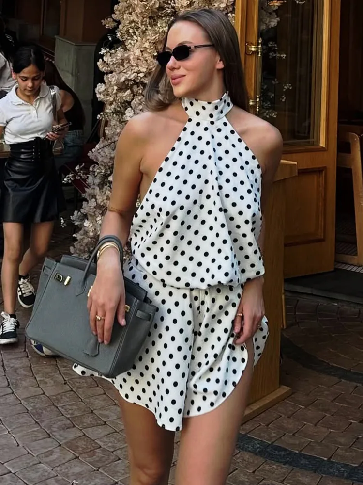 

Absobe Women's Polka Dots Loose Shorts Playsuits Sexy Backless Sleeveless Halter Tie One Piece Tank Rompers Casual Streetwear