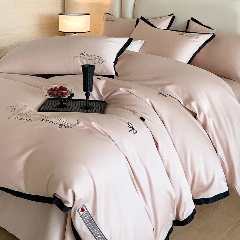 180S All-Cotton 4-Piece Set, High-End Light-Luxe Style! Long-Staple Cotton Bed Linens, Embroidered Alphabet.