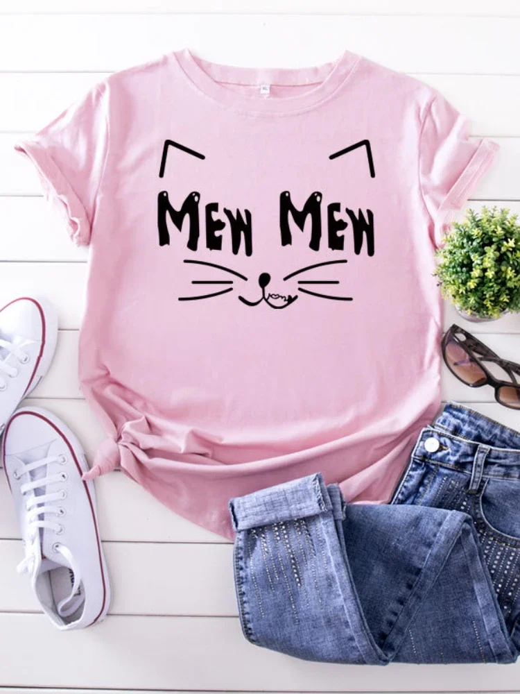 

Mew Mew Cute Cat Face Print Women T Shirt Short Sleeve O Neck Loose Women Tshirt Ladies Tee Shirt Tops Camisetas Mujer