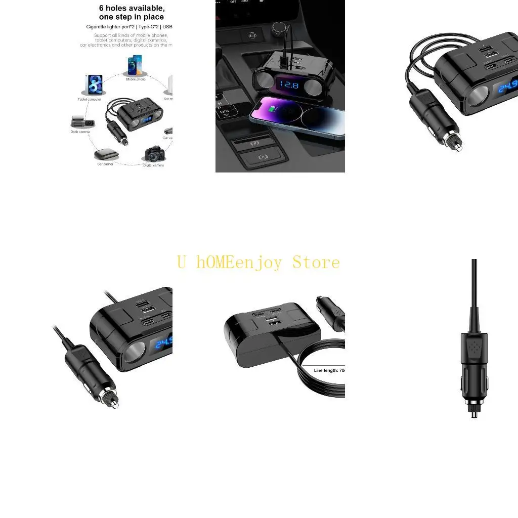 B0KF Fast Charging Car PD+QC3.0 Quick Port, 4-Port Type-C/USB Charging Adapter for 12-24V Vehicles 60W Output