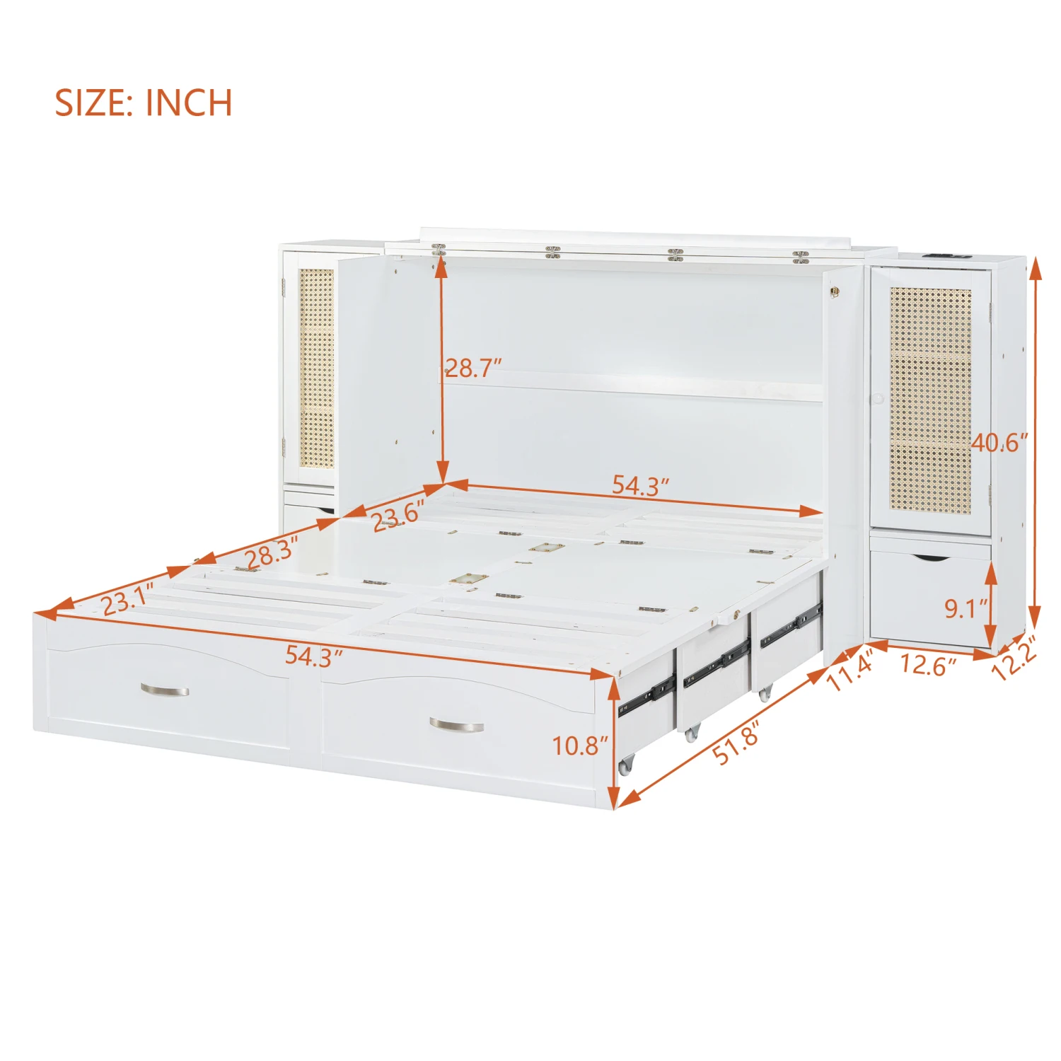 Full Size Murphy Bed with Drawer, Rattan Decoration, 2 Storage Cabinets, Sockets & USB Ports, Pulley Design - White