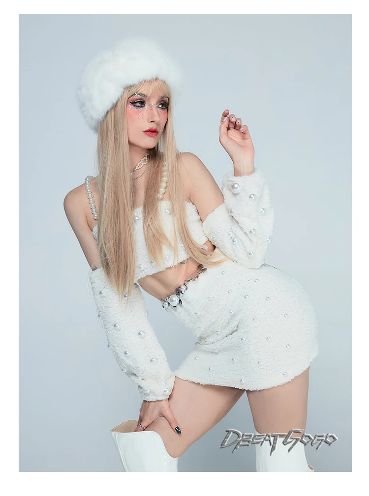 Kostium sceniczny 2025 White Plush Pearl Dancer, strój Kpop, kostium do tańca jazzowego, strój na imprezę rave, strój dla piosenkarza, drag queen, odzież sceniczna yj386