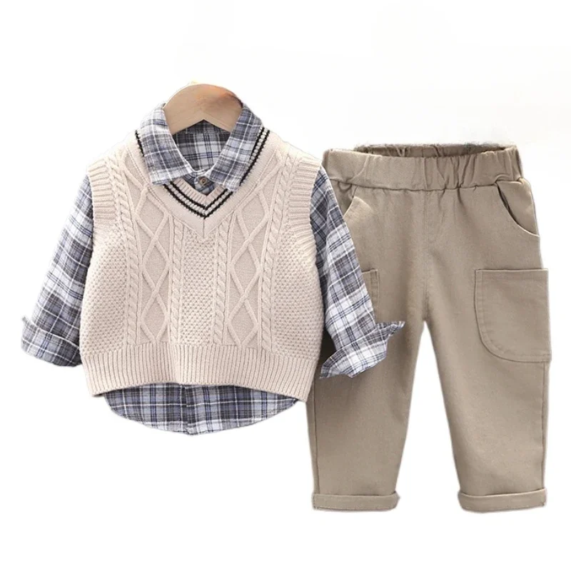 New Spring Autumn Baby Boys Clothes Suit Children Casual Plaid Shirt Vest Pants 3Pcs/Sets Toddler Cotton Costume Kids Tracksuits