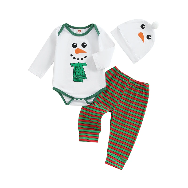 Newborn Infant Baby Boy Girl Christmas Outfits Snowman Romper  Pants Hat 3Pcs Winter Christmas Clothes Set