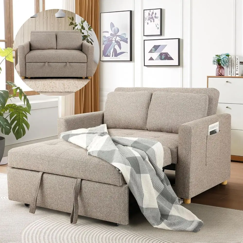 

2-Seater Convertible Sofa Bed with Linen Fabric, Spring Support, Adjustable Backrest for Small Spaces Living Room